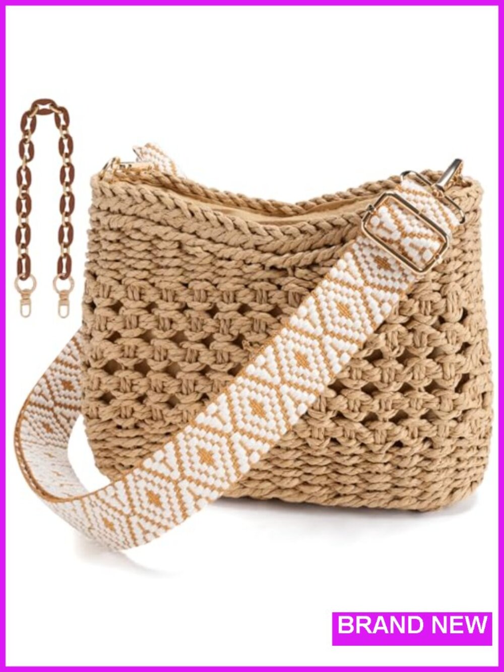 Woven Straw Beach Bag Small Tote Crossbody Purse with Chain